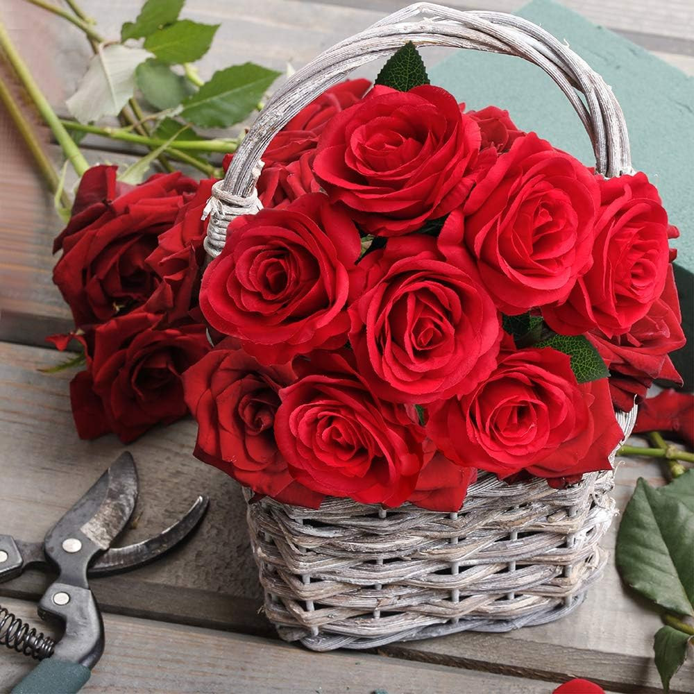 12PCS Red Roses Artificial Flowers, Fake Roses with Long Stems Realistic Silk Ro
