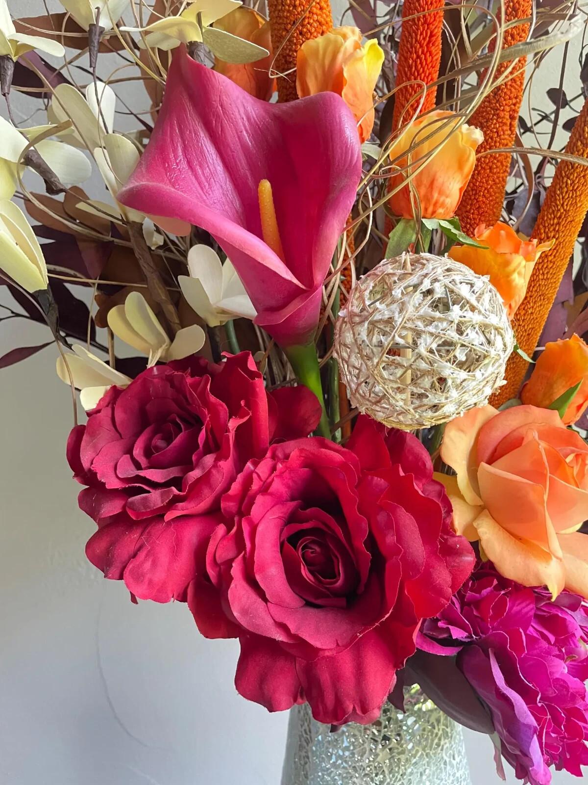 Flower Arrangement- Burgundy Orange Mauve Roses Tulips Hydrangea Centerpiece