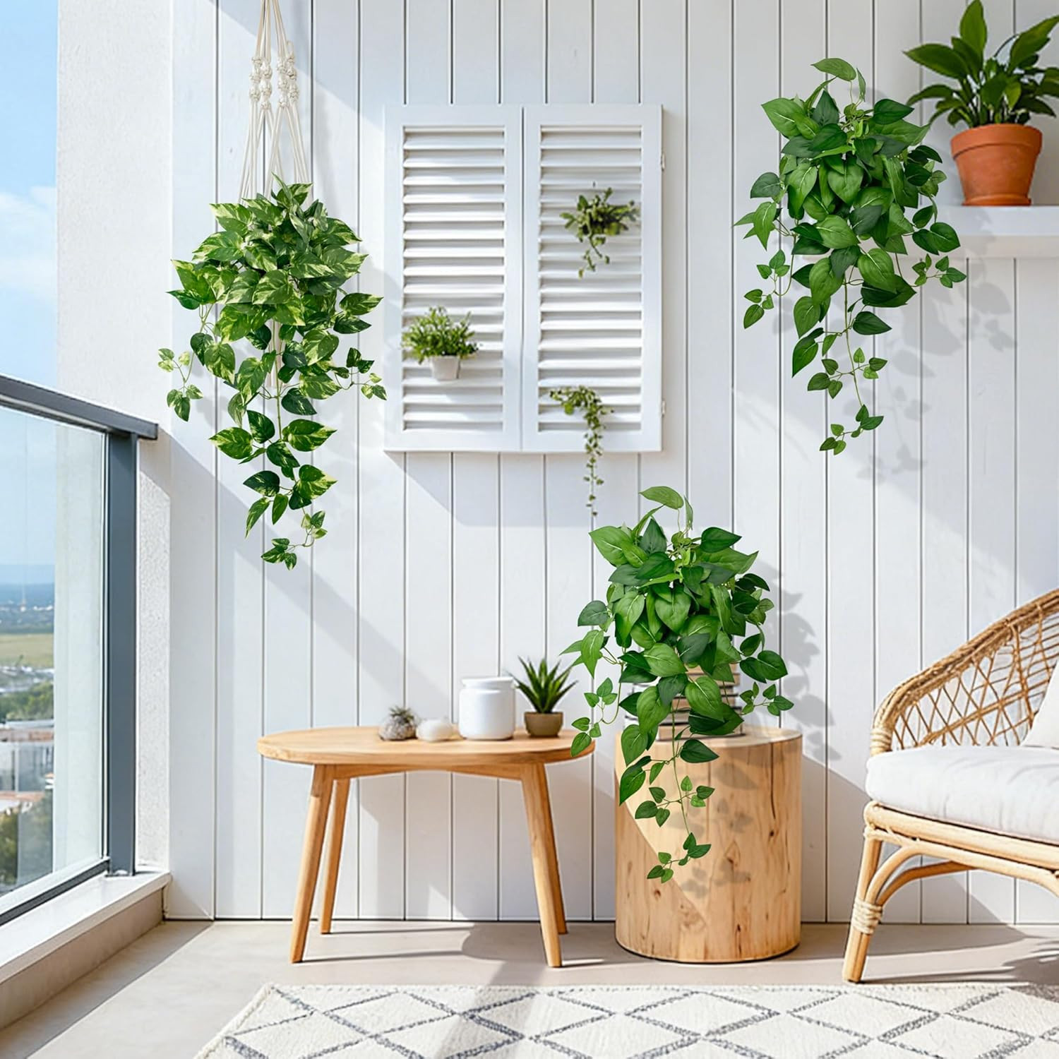 Artificial Hanging Plants with White Pots –2 Pack Fake Pothos Potted Plants Faux