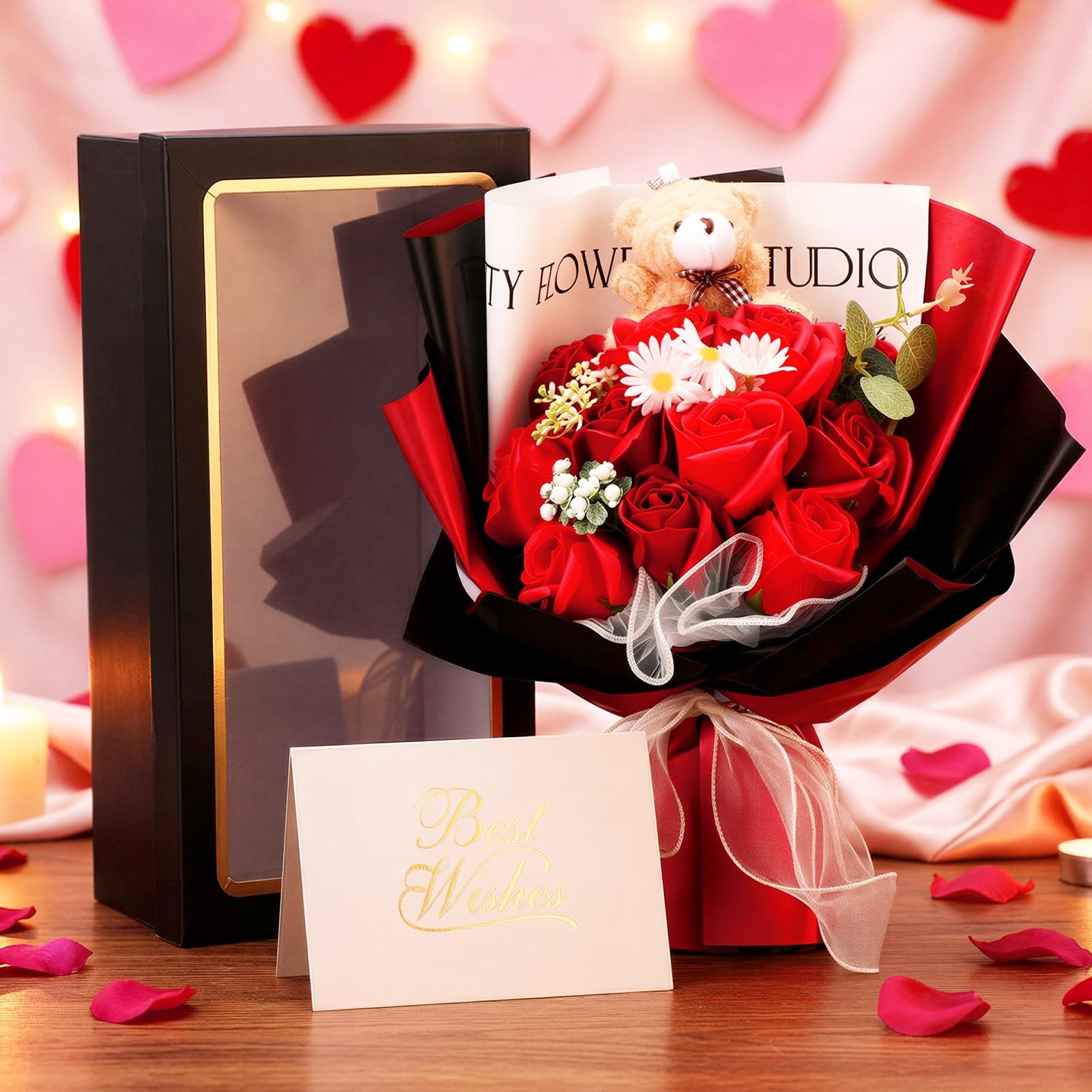 11 PCS Scented Soap Rose Bouquet Bear Gift Box Red Black 12.6×7.1 Inch Decor