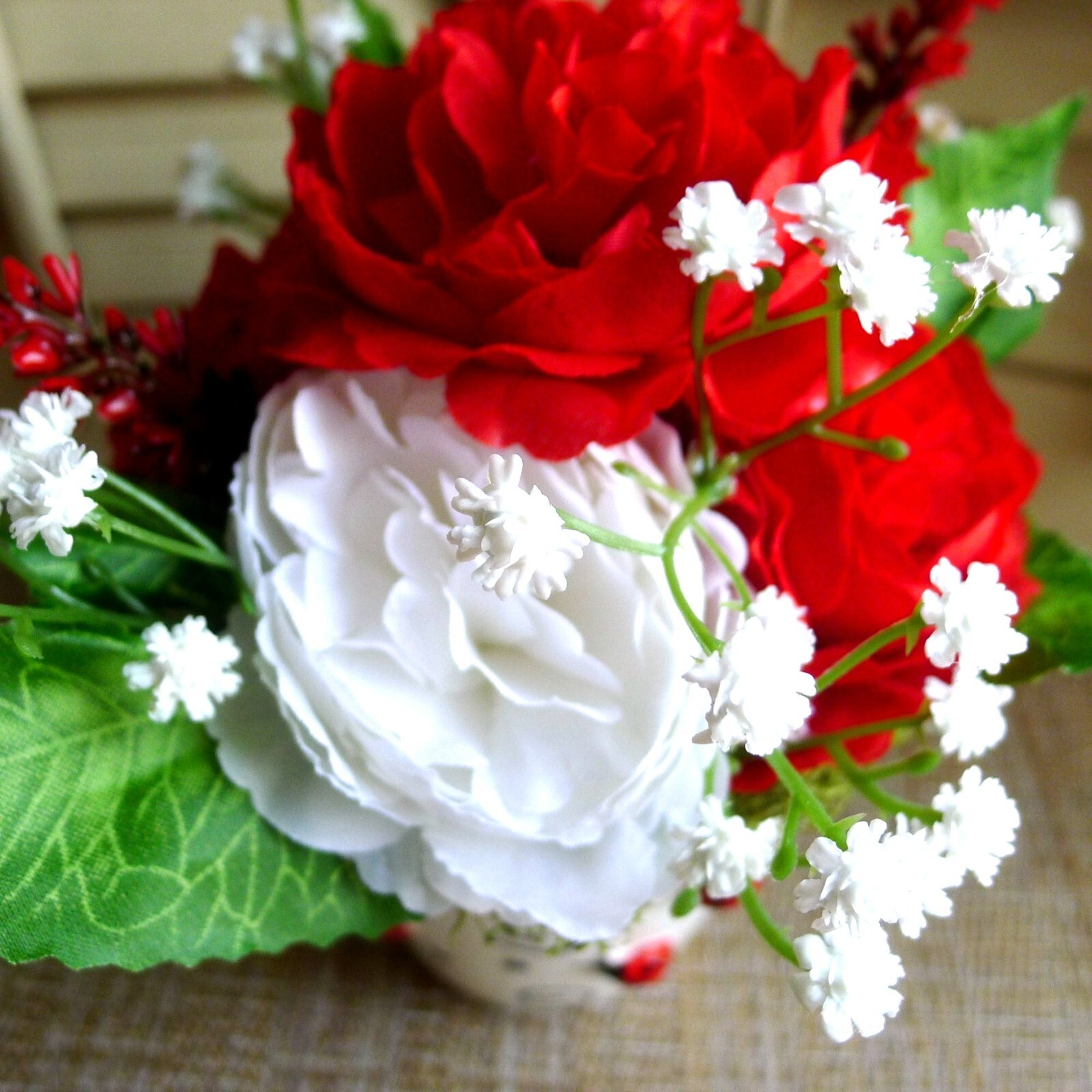 Ladybug Loveliness Flower Arrangement Red and White OOAK Floral Vintage Planter
