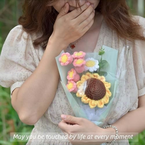 Handmade Crochet Flower Bouquet – Sunflower, Daisy & Lily – Faux Plants Home Dec