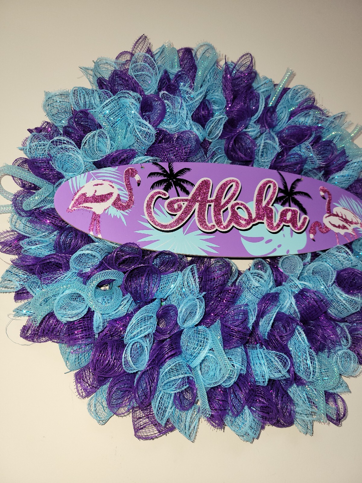 ALOHA Summer Spring Mesh Front Door Wreath Wall Decor BRIGHT Purple Pink Blue