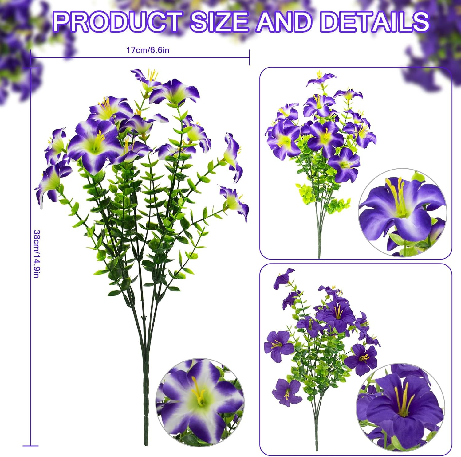 16 Pcs Faux Petunias Artificial Flowers for Outdoors, UV Resistant Fake Purple P