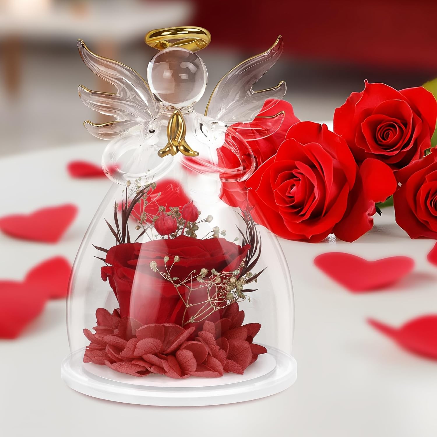 Preserved Flower Rose in Glass Angel Figurines,Mothers Day Gifts for Red