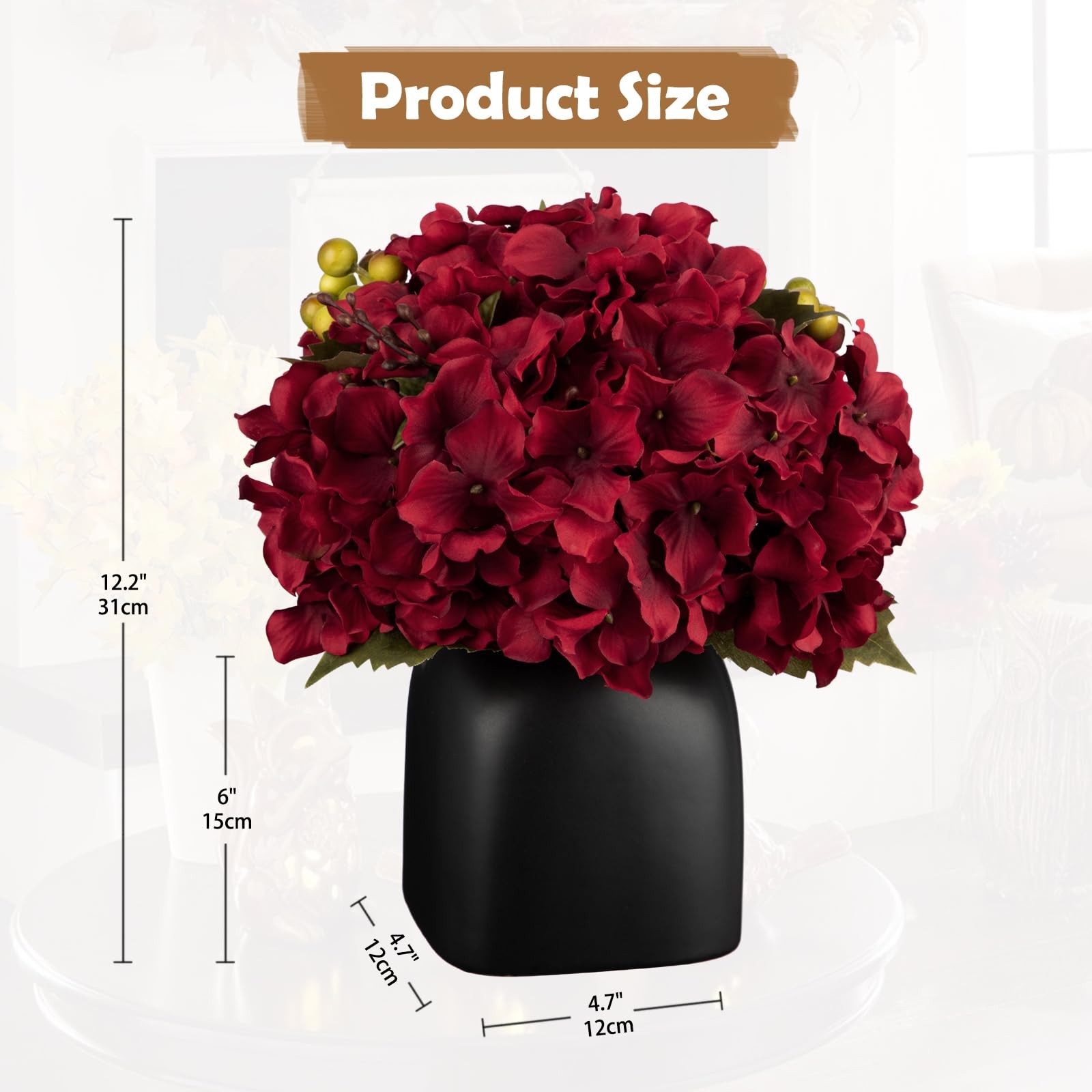 Hydrangea Artificial Flowers in Ceramic Black Vase, Burgundy Silk Hydrangea C…