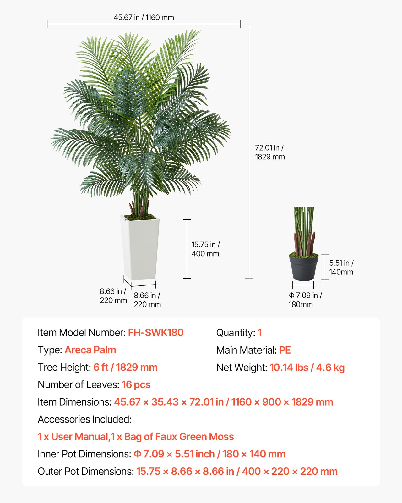 VEVOR 6ft Artificial Areca Palm Tree Faux Plant in Pot for Home Office Decor
