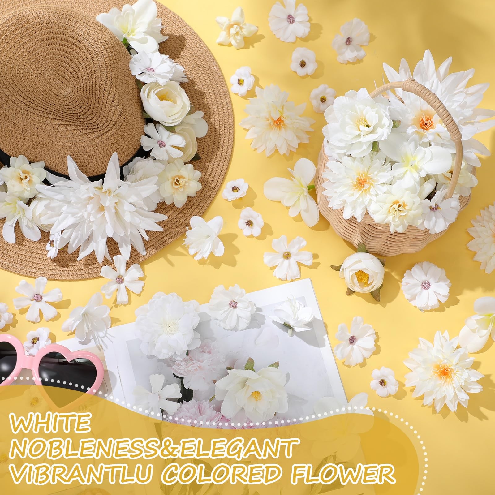 Fake Flower Heads 80 PCS Assorted White Mini Daisy Peony Rose for Crafts