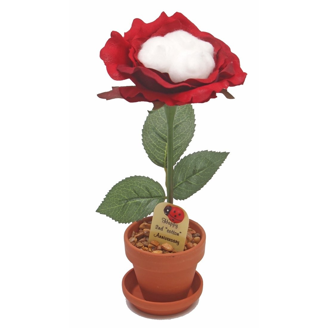 2nd Year Cotton Anniversary Rose – 7″ Artificial Flower in Terra Cotta Pot, Hand