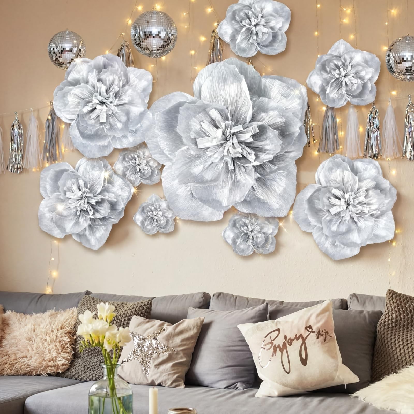 Giant Artificial Paper Flowers Wall Backdrop Decoration Silver 12 PCS Set