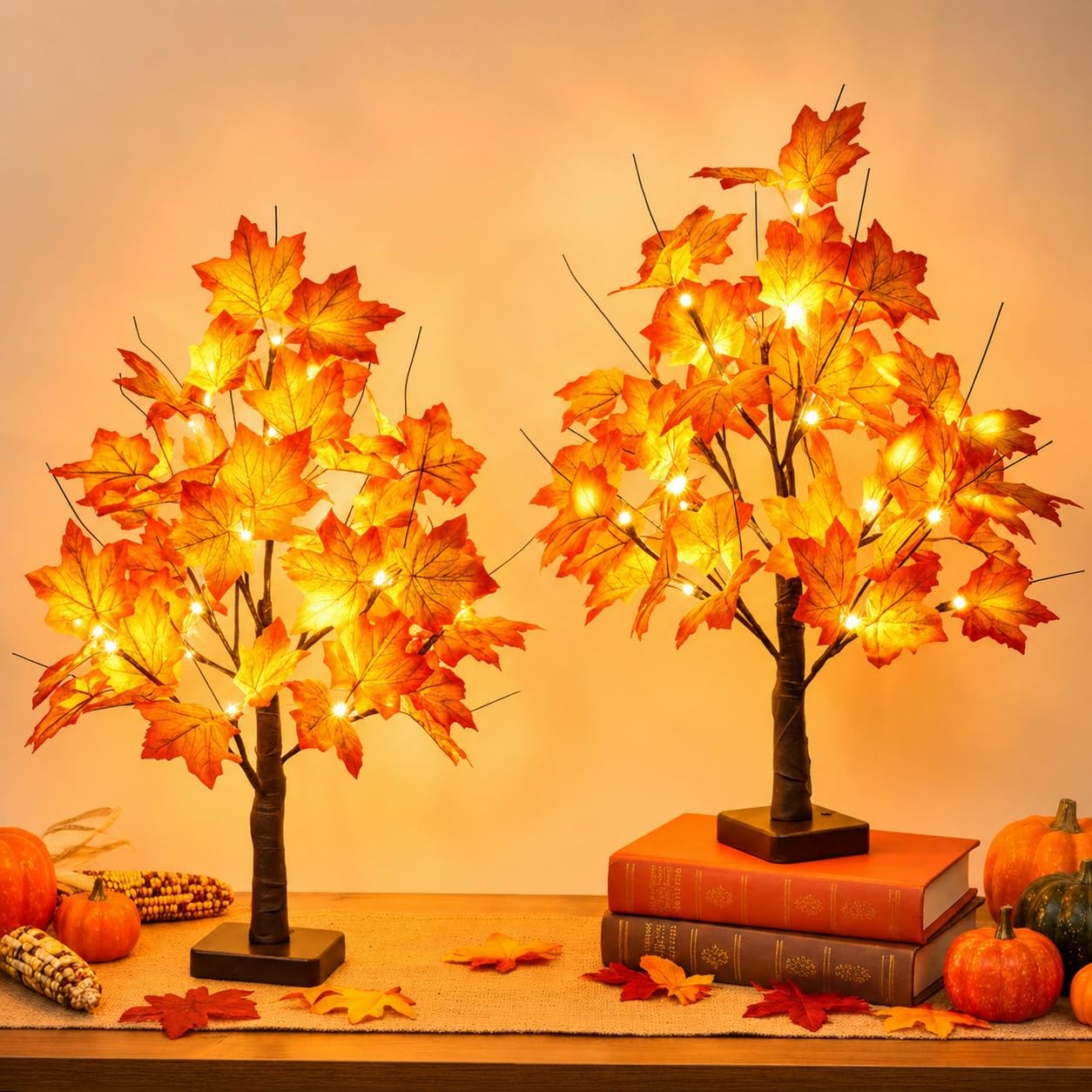 Fall Decorations Maple Tree with 24 LED Lights Tabletop Thanksgiving Gift 2 Pack
