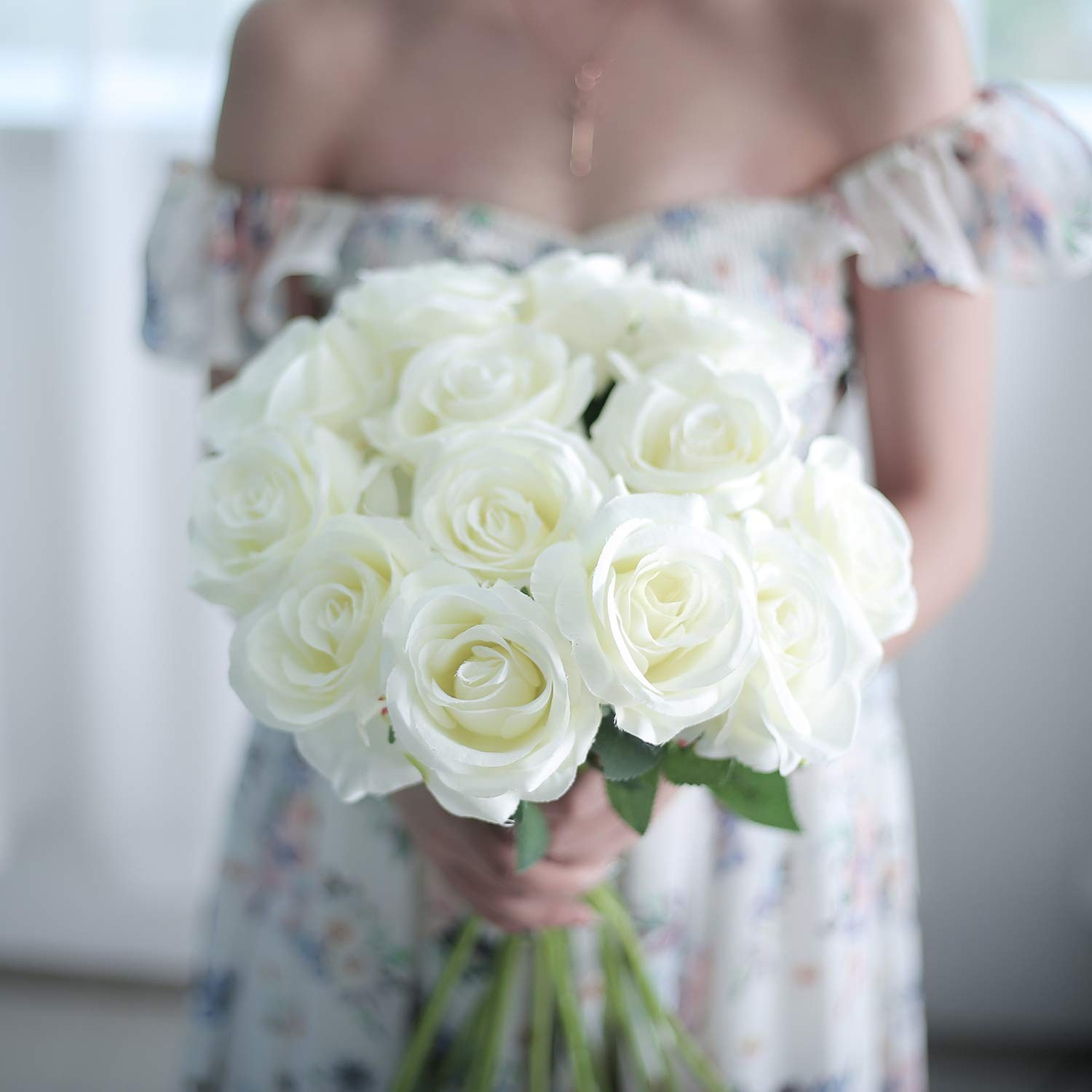 12PCS Artificial Silk Flowers Realistic Roses Bouquet Long Stem for Home Wedd…