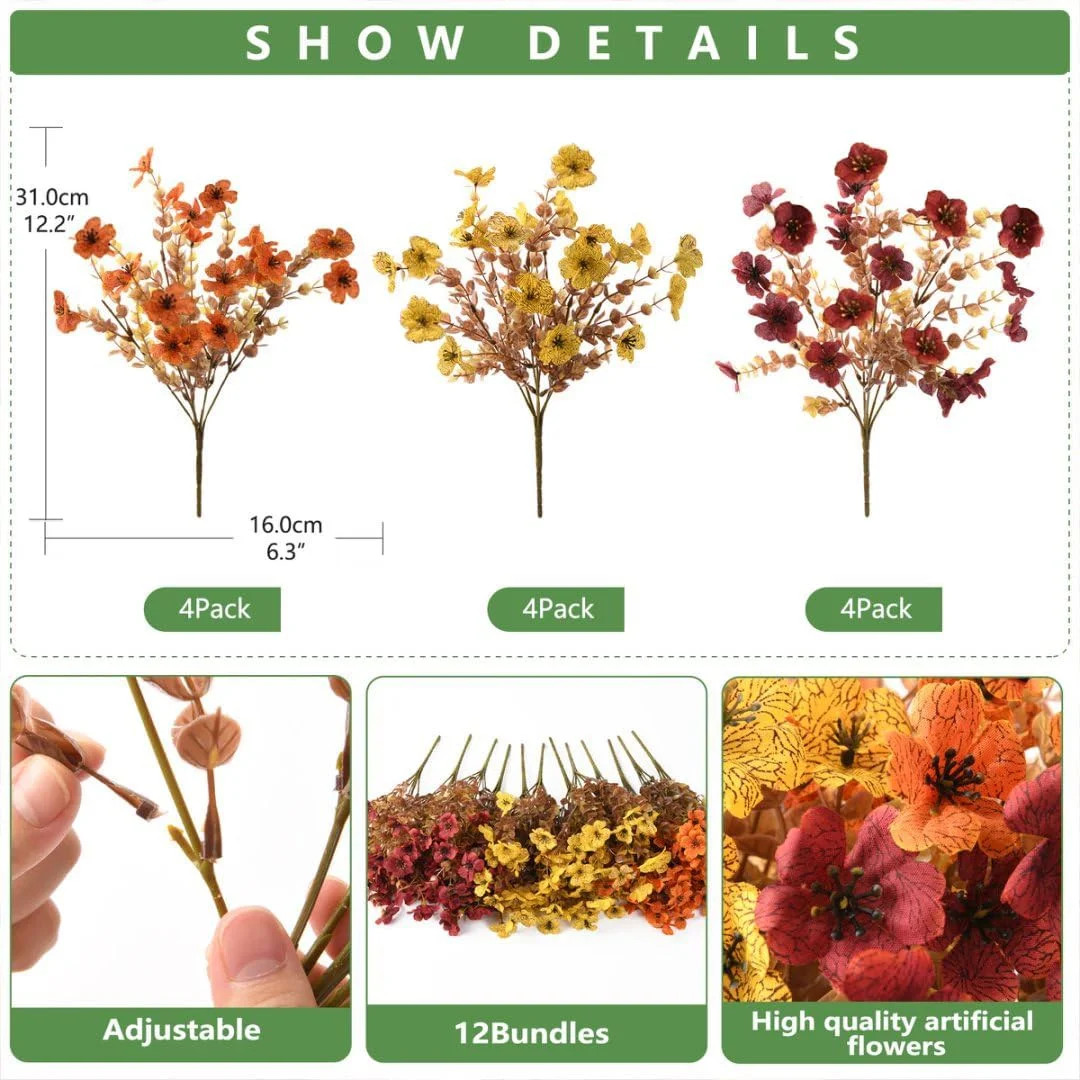 INQCMY Artificial Fake Fall Plants Flowers for Outdoor Outside Decoration,12 Bun