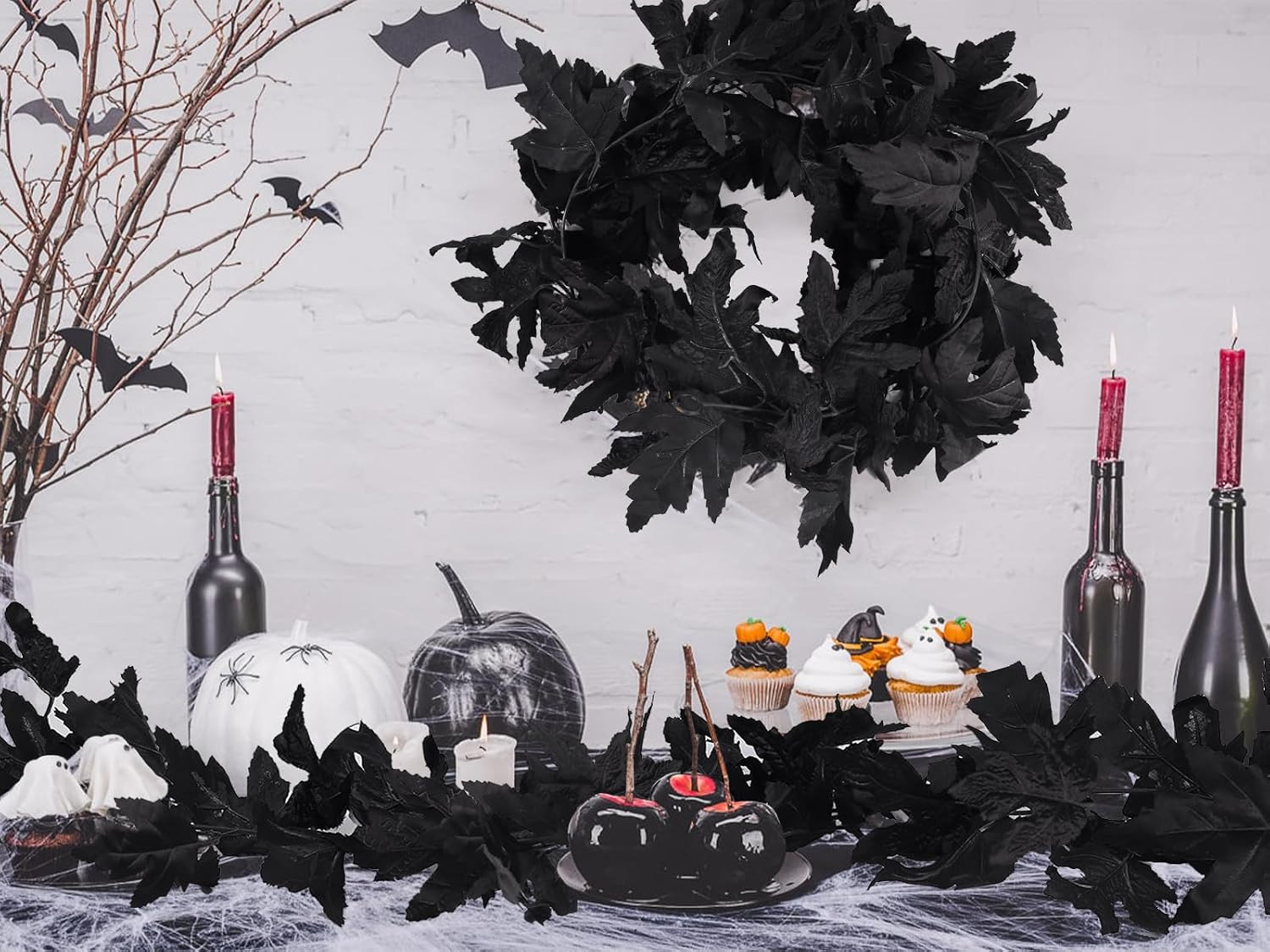 2Pcs 5.7Ft Artificial Fall Maple Leaves Vines Black Autumn Garland | Reusable Si
