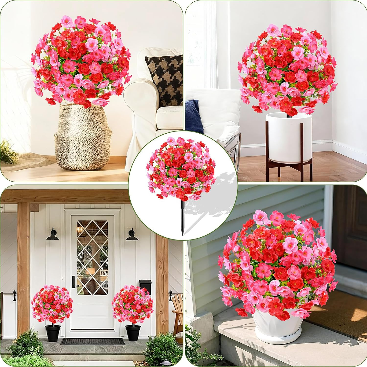 Set of 2 Artificial Boxwood Topiary with Colorful Flowers, 23″ UV Resistant Fake