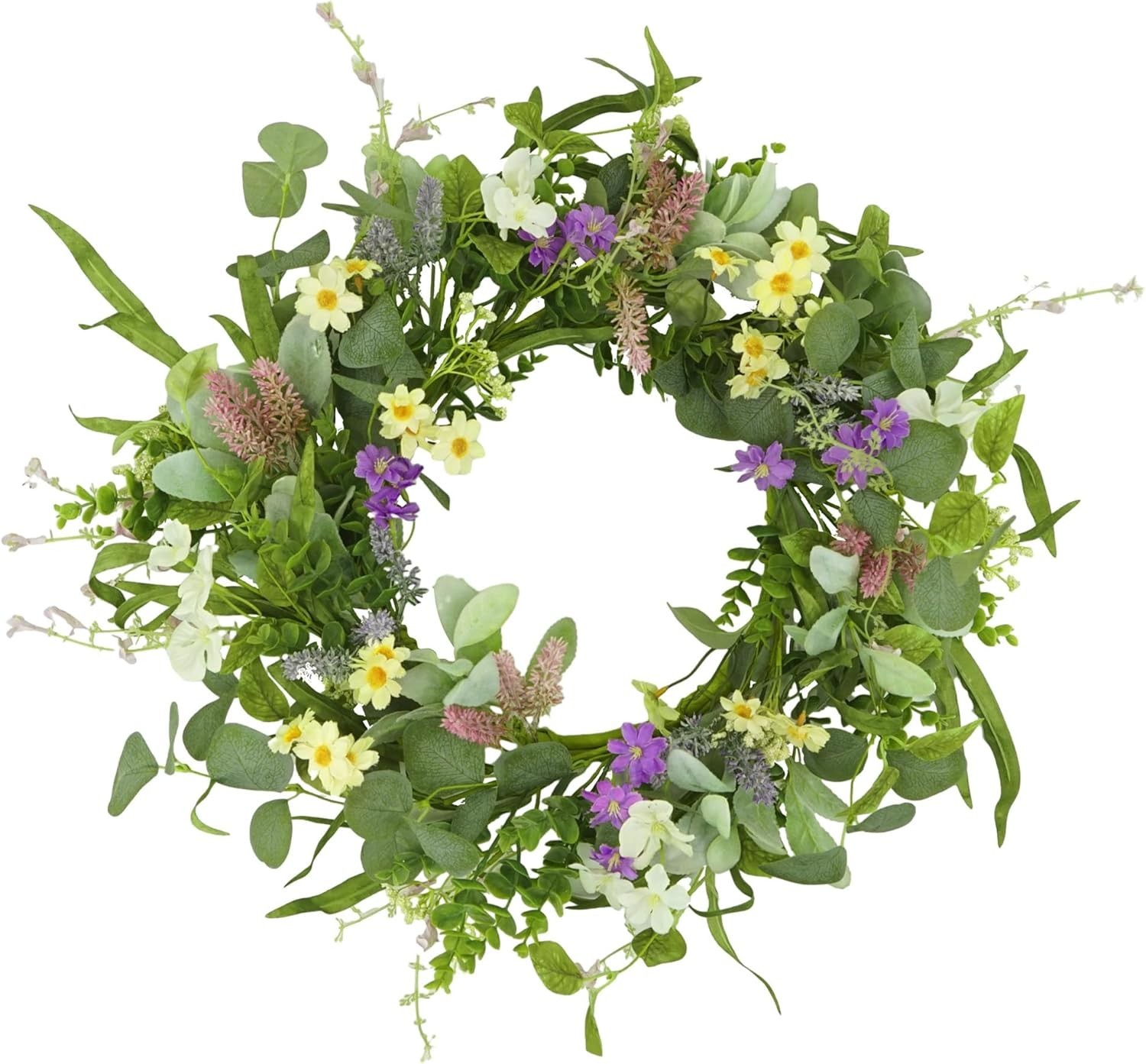 20-Inch Handcrafted Spring Summer Wreath with Eucalyptus & Multi-Colored Flowers