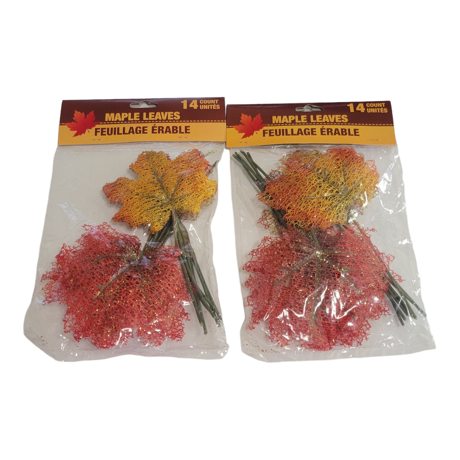 Lot of 2 Autumn Mesh Maple Leaves Wire Stems Glitter Golds Yellows 14 Each Bag