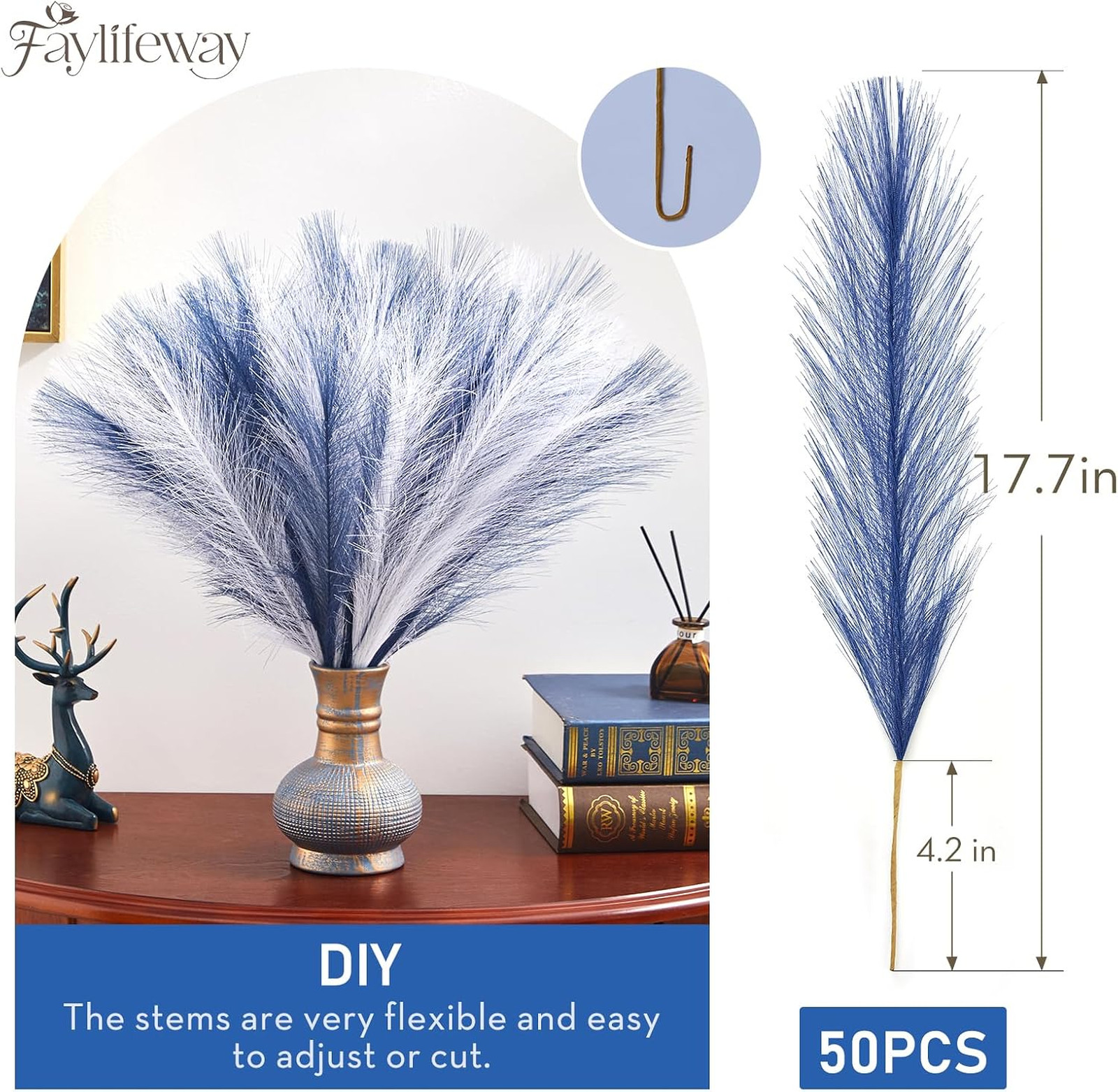 Artificial Pampas Grass Decor 50pcs 17 Inch Fluffy Blue White Vase Filler Home