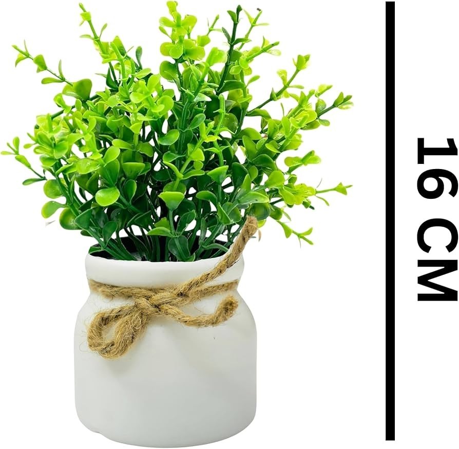 Artificial Small Potted Plant, Faux Greenery in White Ceramic Pot with Jute Twi