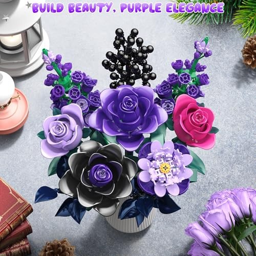 Purple Rose Building Blocks Set for Kids, 701PCS Flower Bouquet Toy, DIY