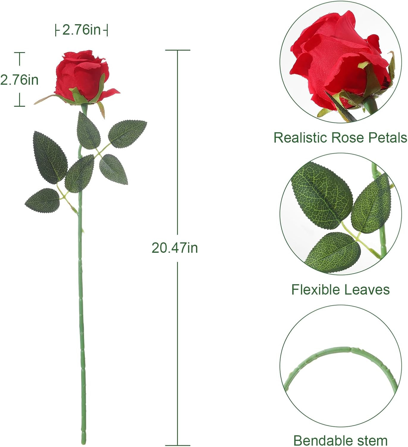 12Pcs Realistic Fake Red Roses Faux Flowers with Long Stems, Artificial Silk …