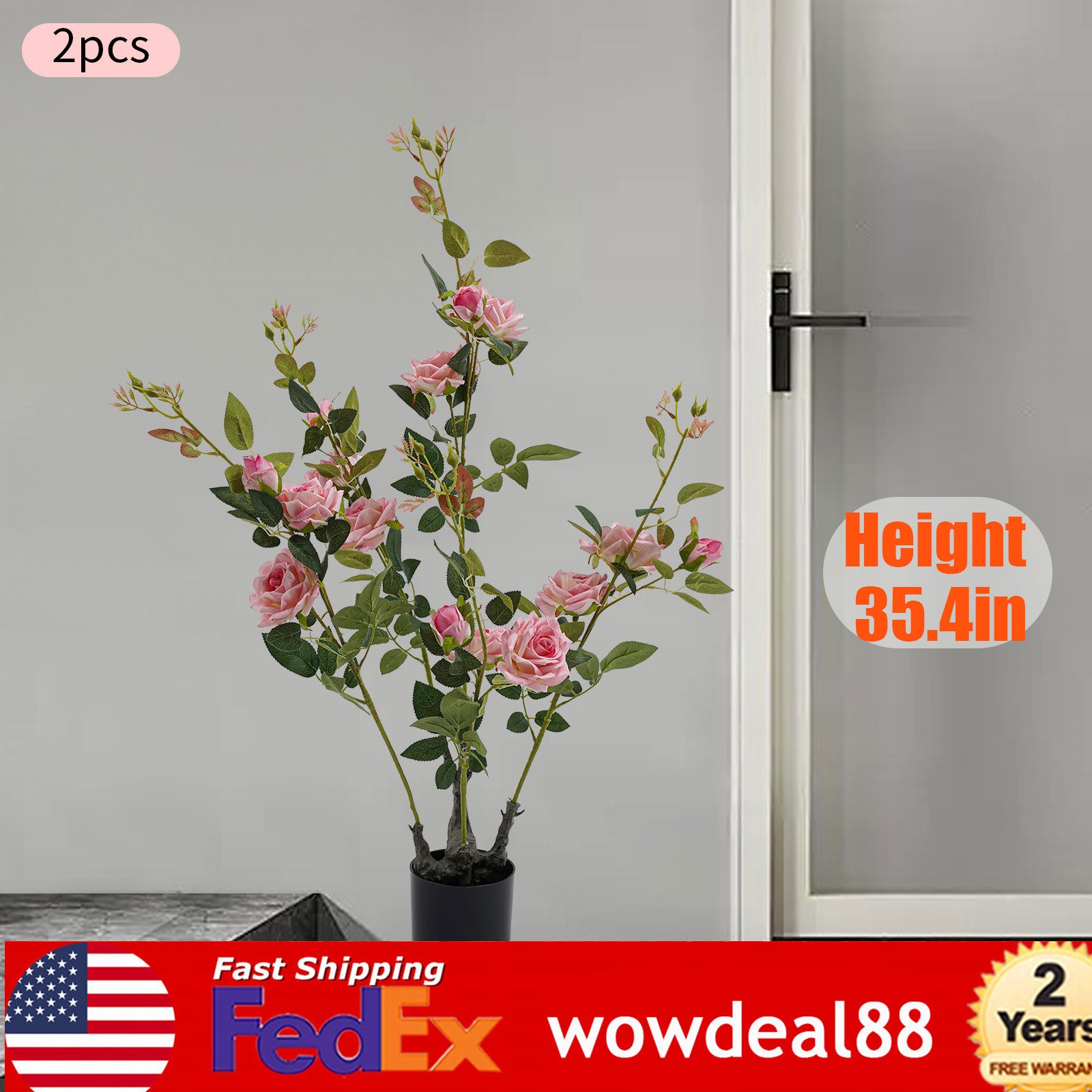 2pcs Artificial Rose Trees Fake Flowers Tree, Pink Artificial Flower Plant Decor