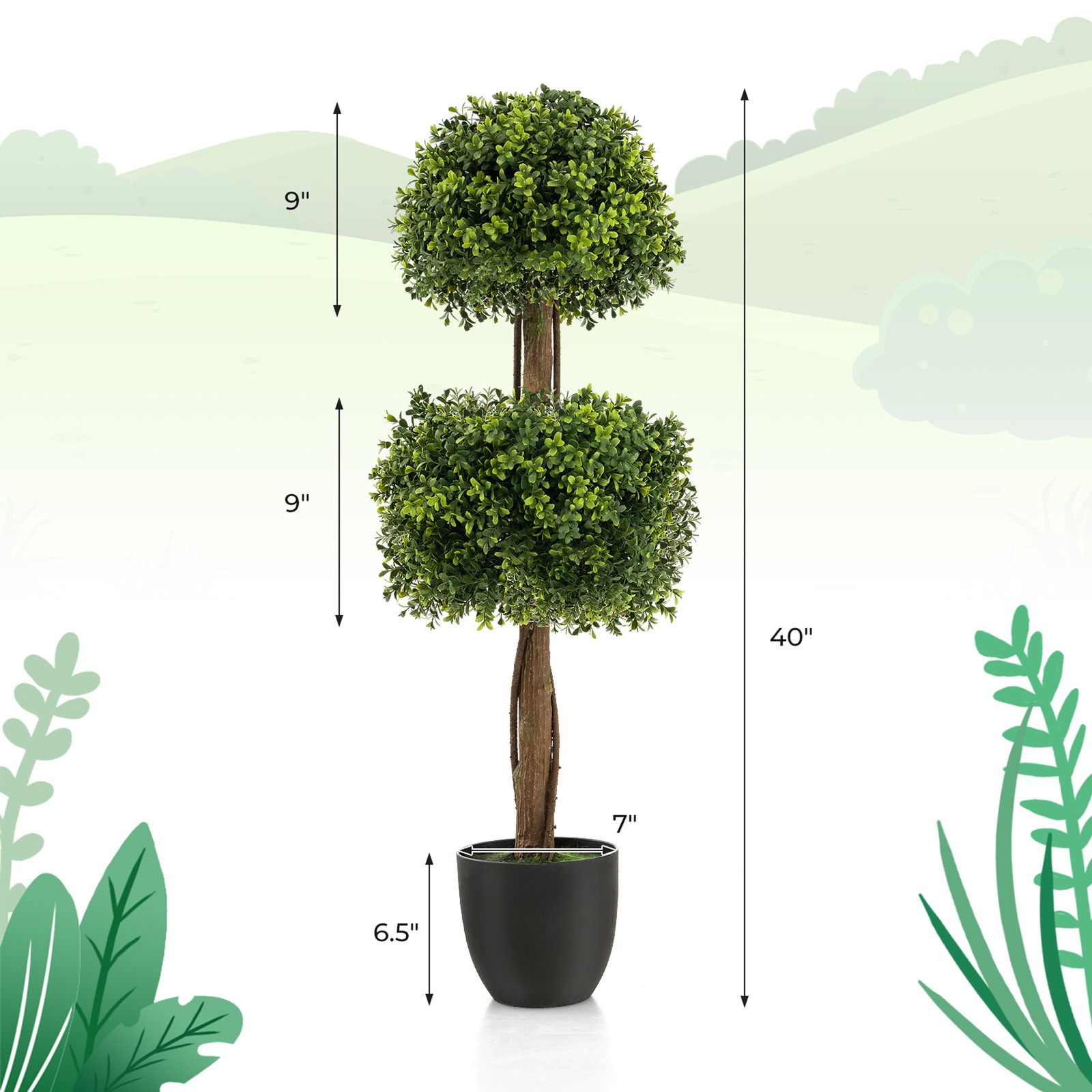 2-Pack 40″ Artificial Boxwood Topiary Ball Tree Faux Plant for Decoration