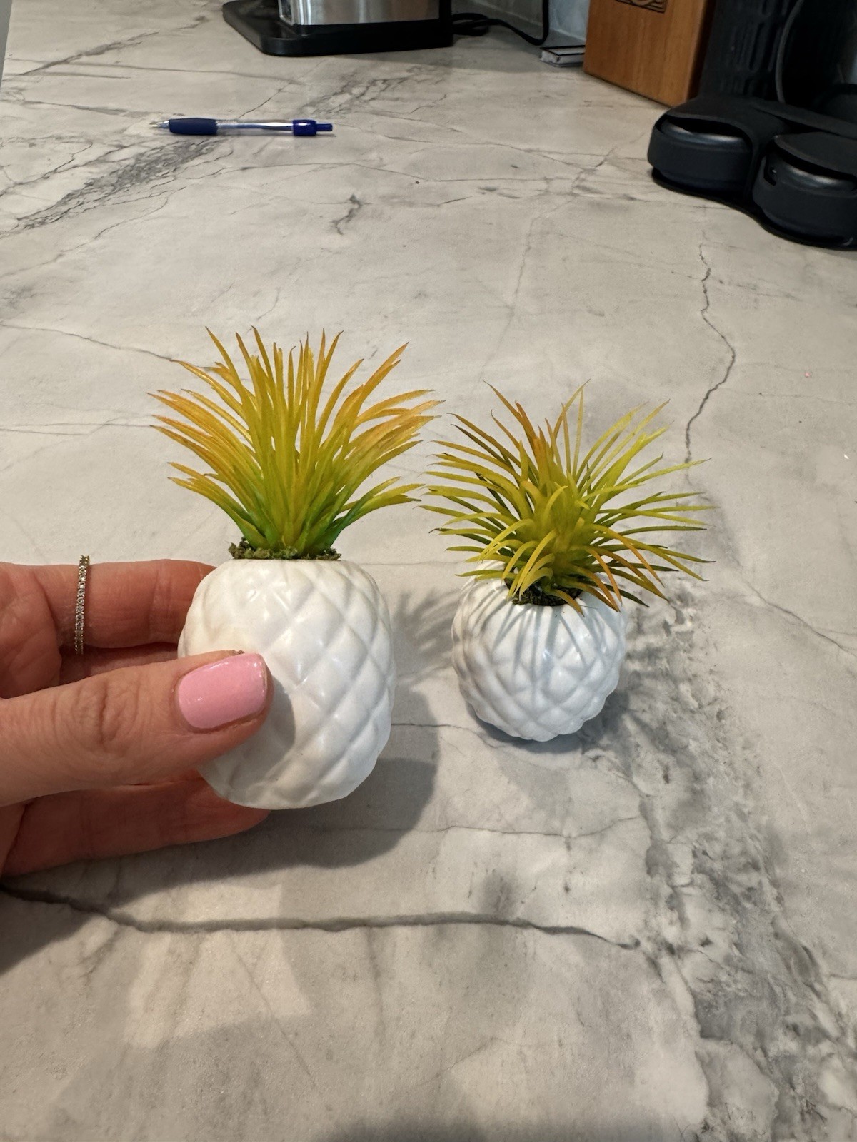 Set of 2 Artificial Succulent Pineapple Planters, White Ceramic Base, Tropical