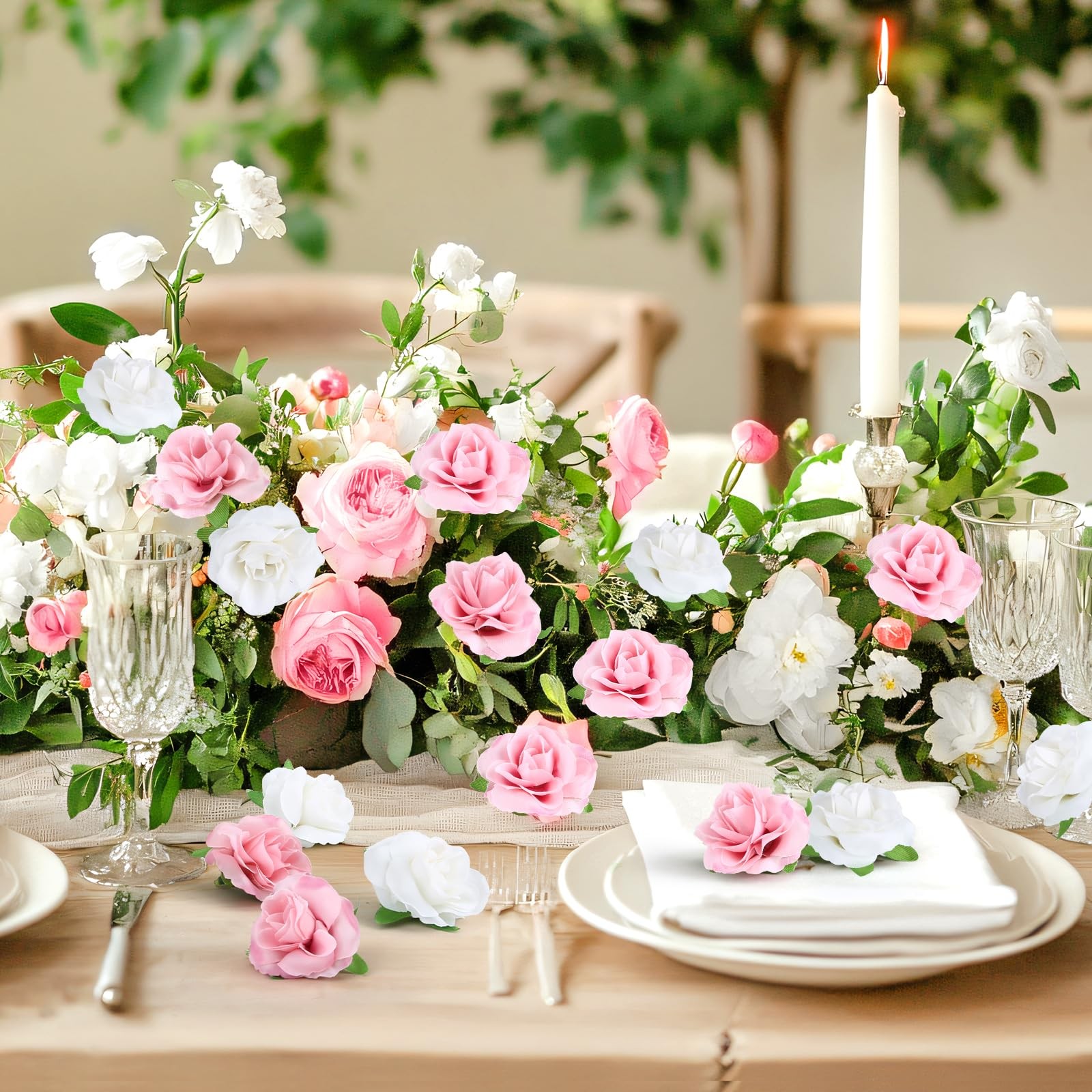 Yinsun 50pcs Mini Roses, 1.57″ Silk Artificial Flower Heads, Pink and White | Sm
