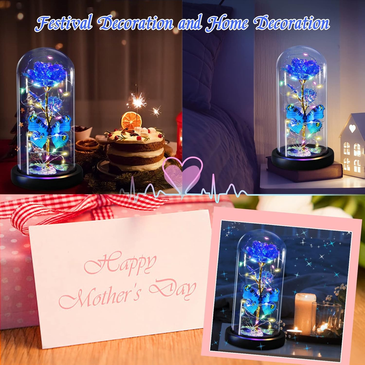 Mothers Day Rose Gifts for Mom, Galaxy Purple Butterfly Rose in Glass Dome