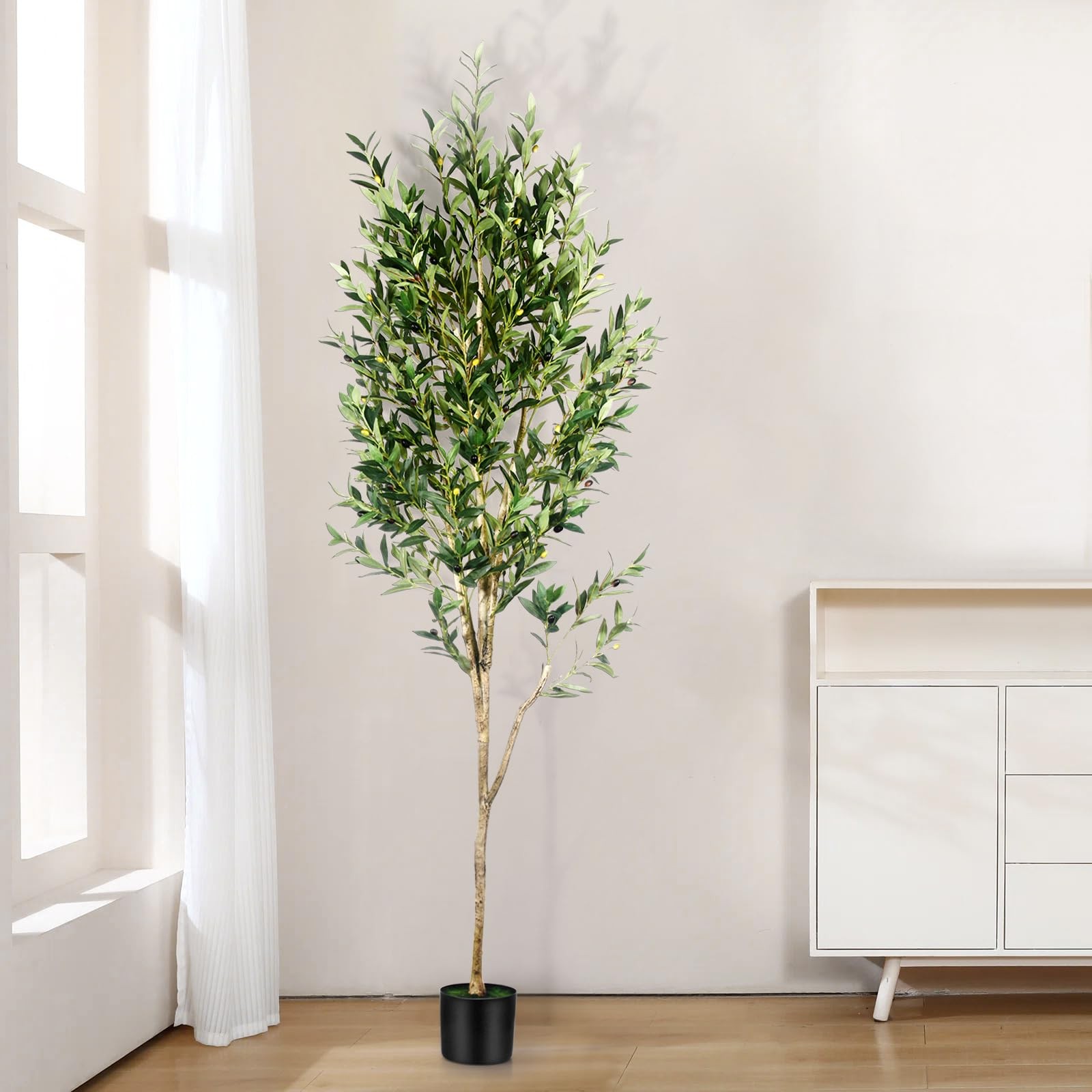 7FT Olive Tree Artificial Indoor – Tall Faux Olive Tree with Wood Trunk and L…