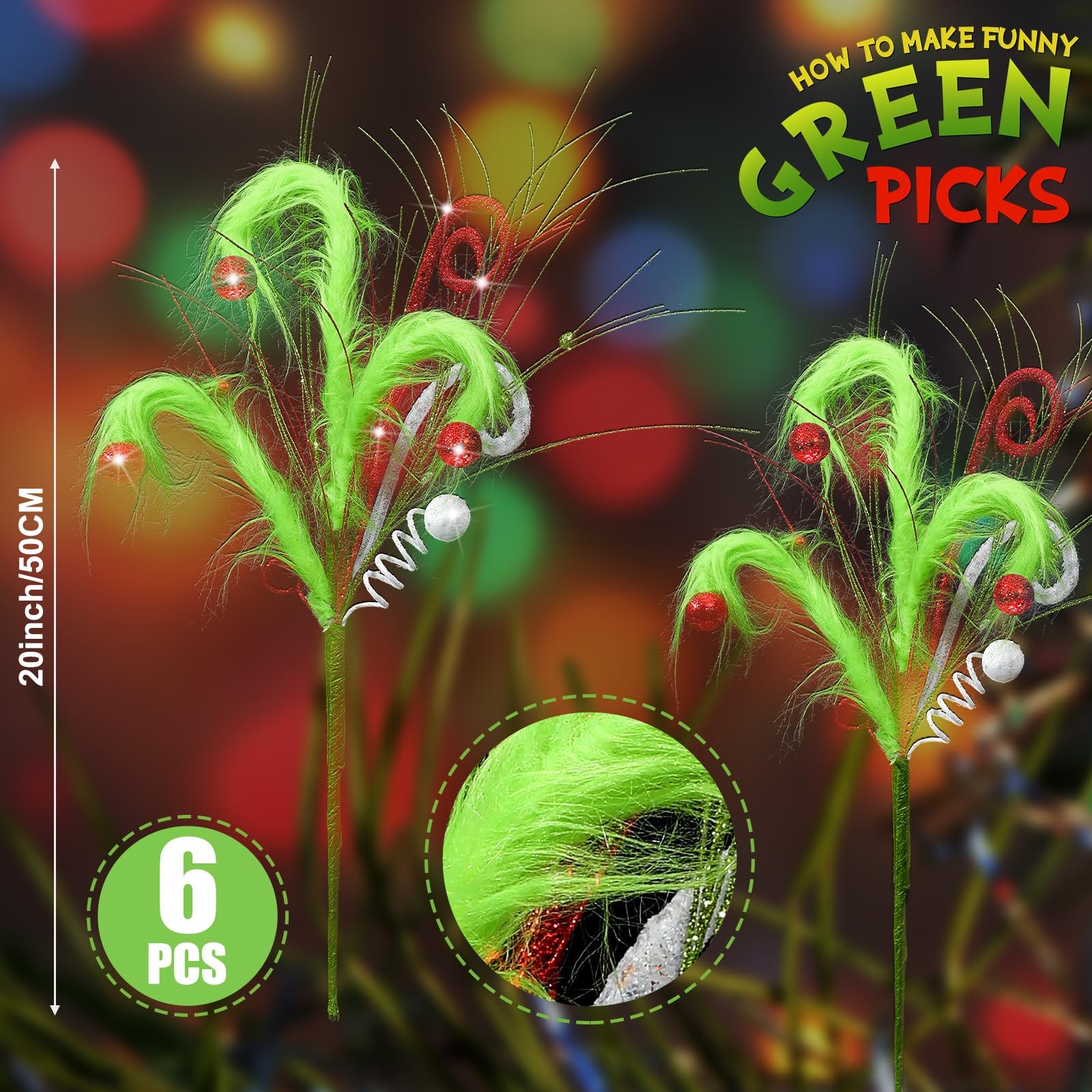 6 Pcs 20 Inch Whimsical Lime Green Furry Curly Christmas Tree Picks and Spray…