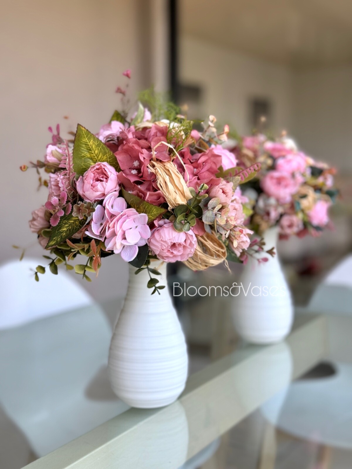 Soft pink flower arrangement in a vase , width 12’, height 14’, home decor