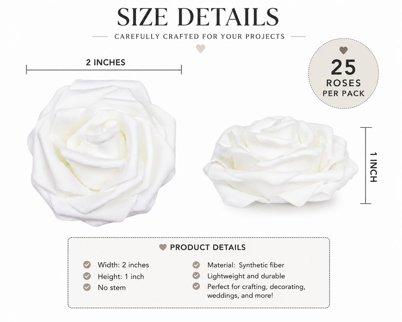25 White Foam Roses for Crafts Wedding Decor Artificial Rose Heads No Stem DIY W