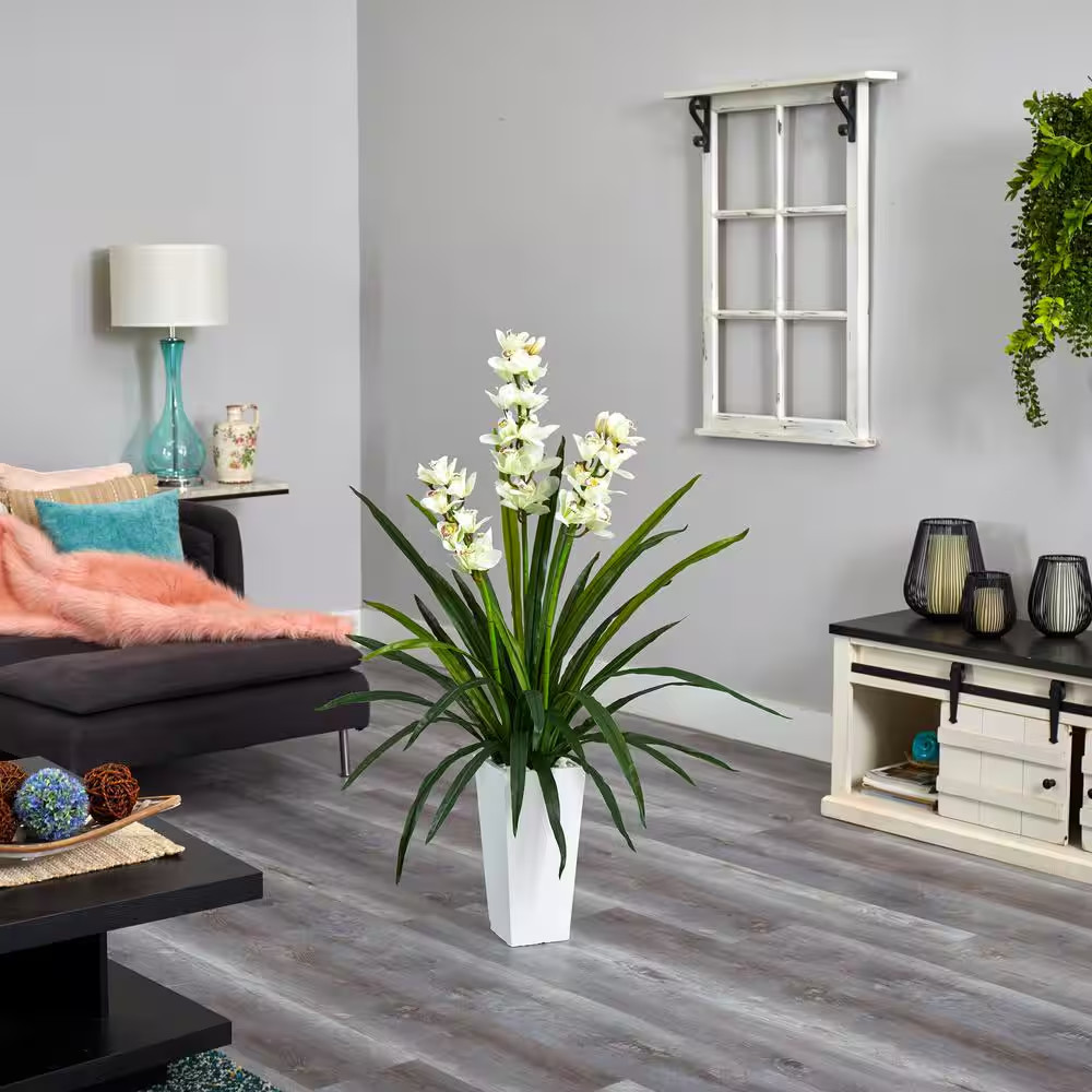 4.5 Ft. Cymbidium Orchid Artificial Plant in White Tower Planter