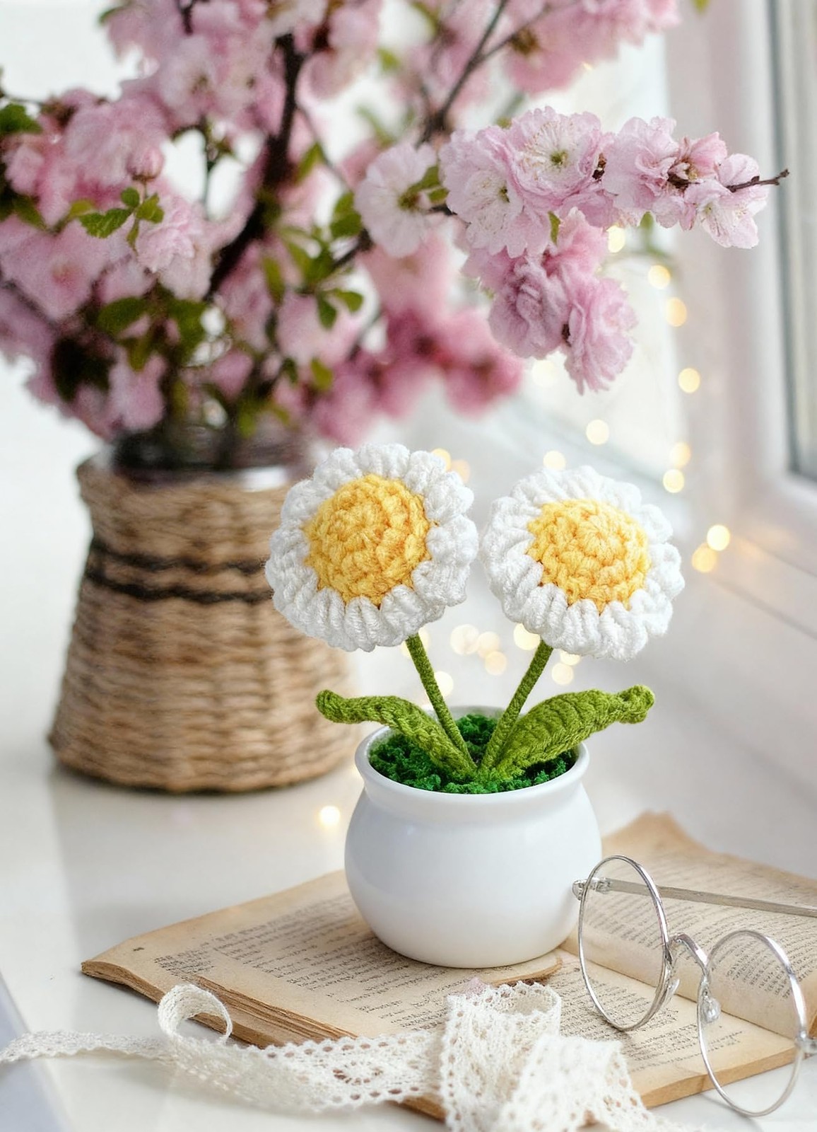 Crochet Flowers Pot Set Daisy Rose Forget Me Not Small Potted 3 PCS Gift