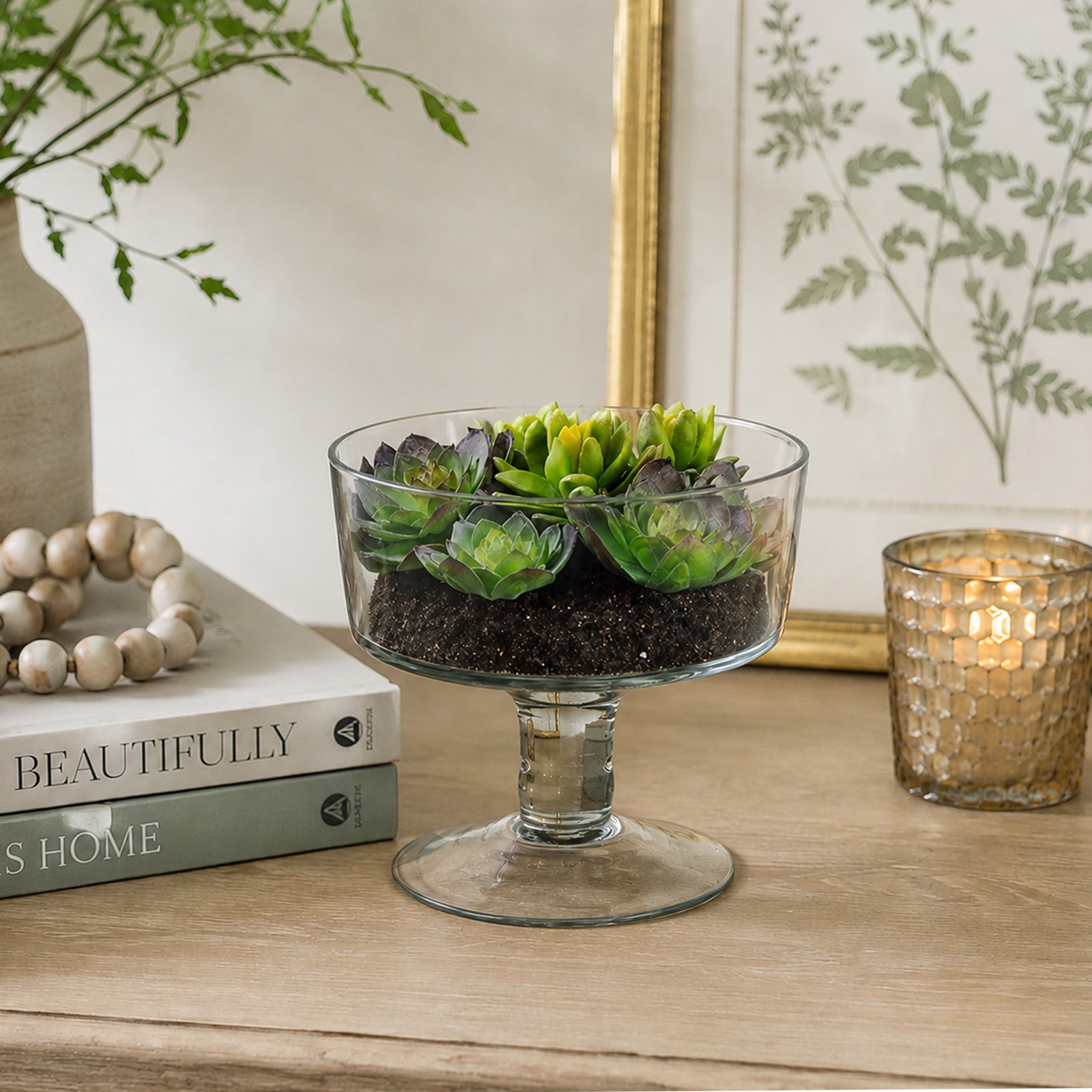 Allstate 6.75IN Artificial Spring Succulent Garden in Clear Glass Vase