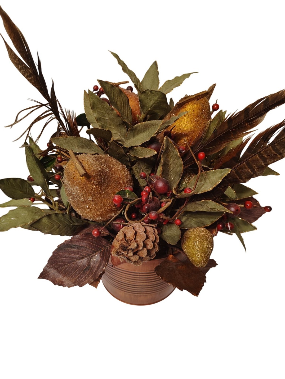 Fall Winter Table Arrangement, Dried Leaves, Beaded Pear Pinecone Turkey Feather