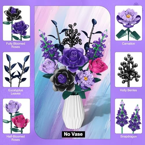 Purple Rose Building Blocks Set for Kids, 701PCS Flower Bouquet Toy, DIY