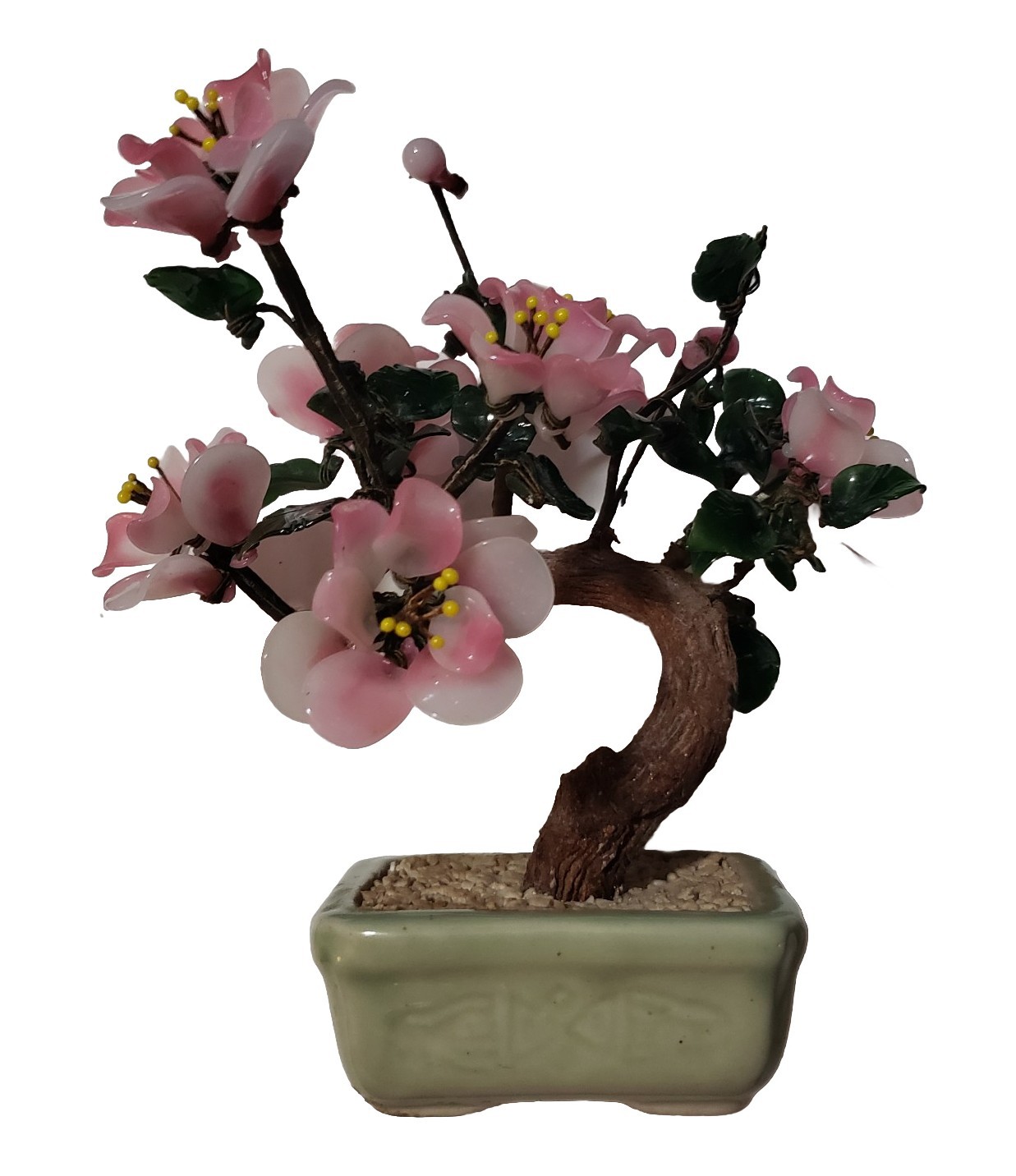 VTG Cherry Blossom Jade? Gemstone Leaves Bonsai Tree Rose Quartz Petals *Cracks