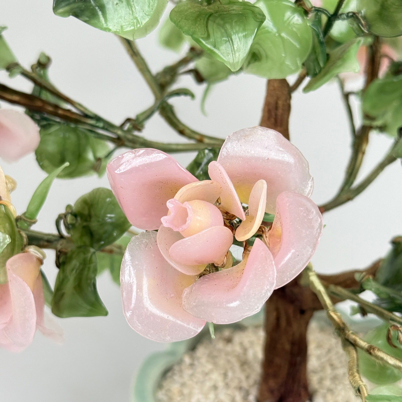 Pink Jade Gemstone Bonsai Tree Flower Arrangement Tabletop Decor 15″