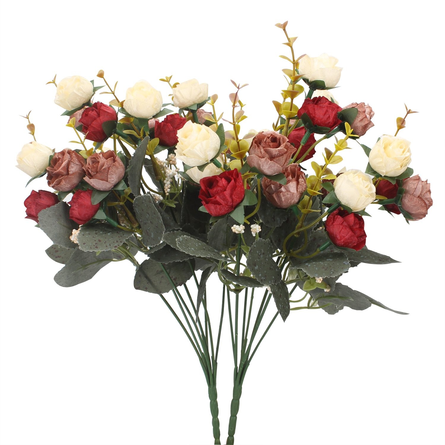 2 PCS Red 21 Head Mini Rose Artificial Flower Bouquet Wedding Office Decor