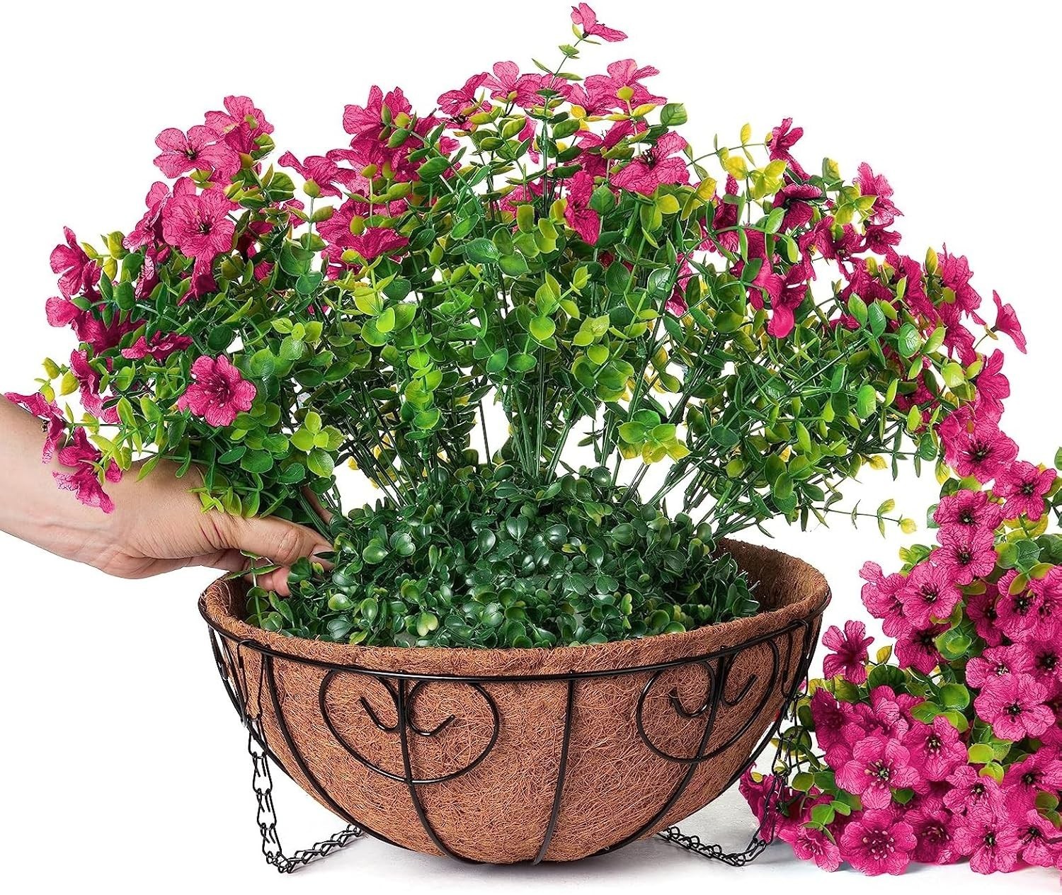Realistic Faux Silk Flower Basket for Outdoor & Indoor Decor – Hot Pink Daisy