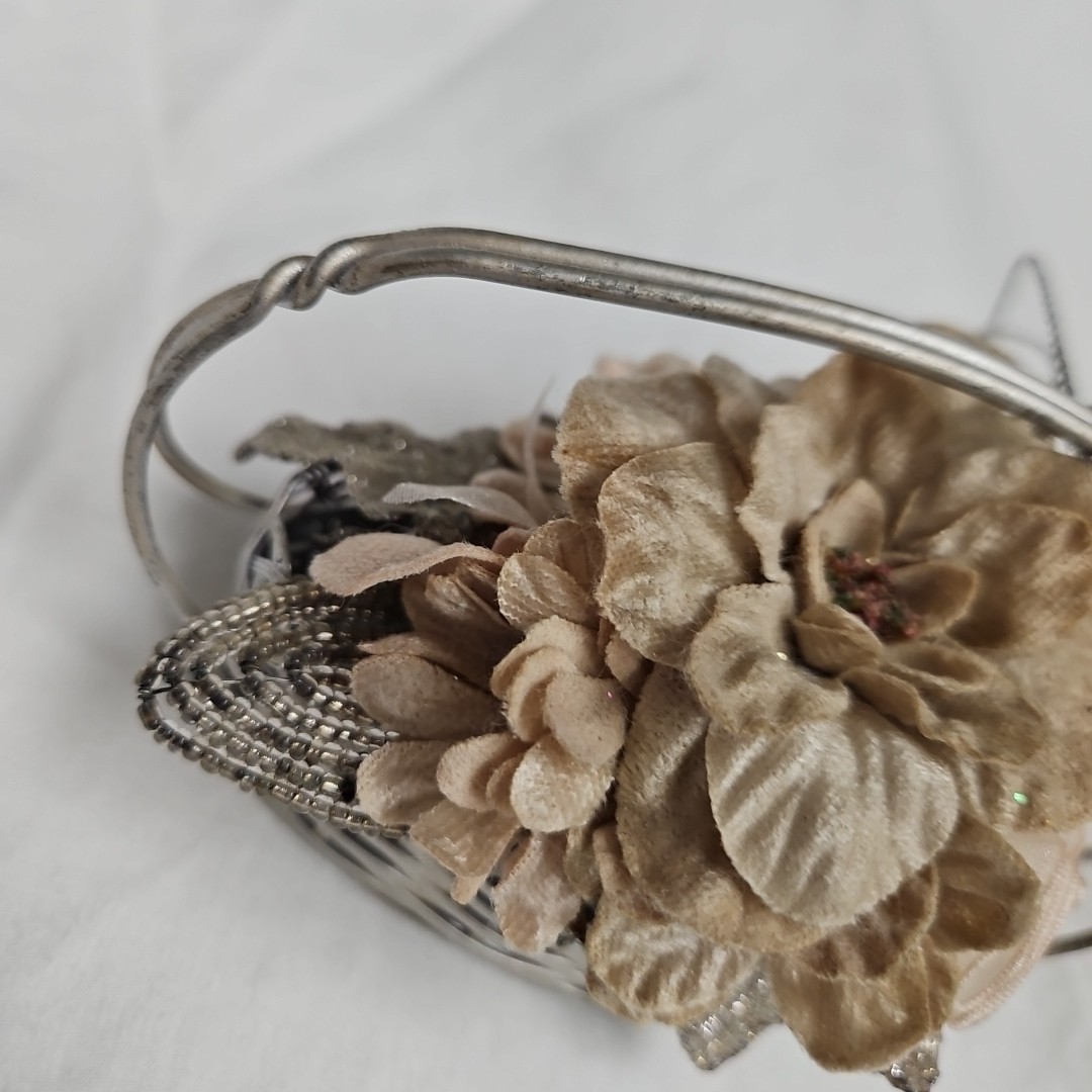 Silver Metal Flower Basket with Beaded Leaves & Velvet Flowers
