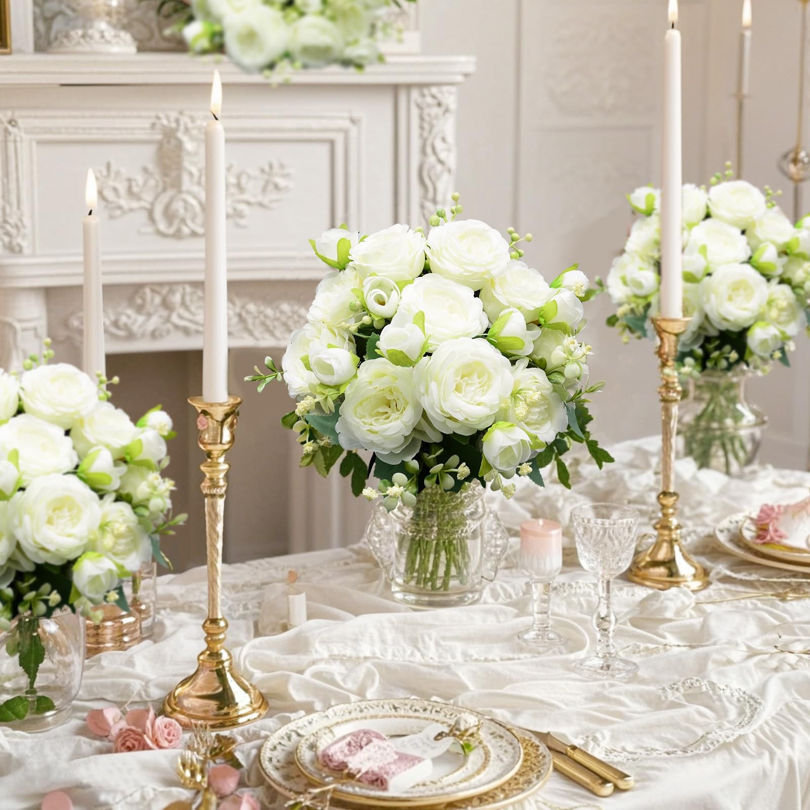 2 PCS Artificial Flowers Bouquet 10 PCS Austin Rose Heads White Peonies