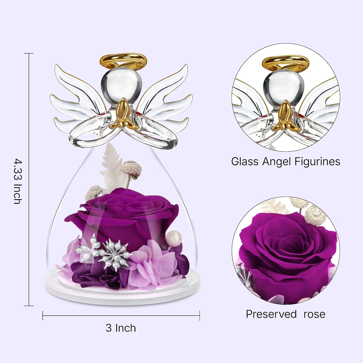 Mothers Day Mom Gifts for Her,Preserved Flowers Rose in Glass Angel Figurines,B