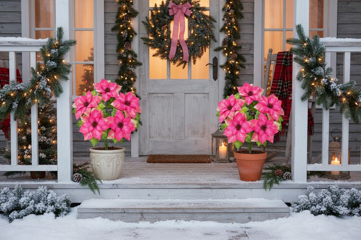 Pink Poinsettia Bush Faux Christmas Flowers Holiday Floral Bush Artificial Poins