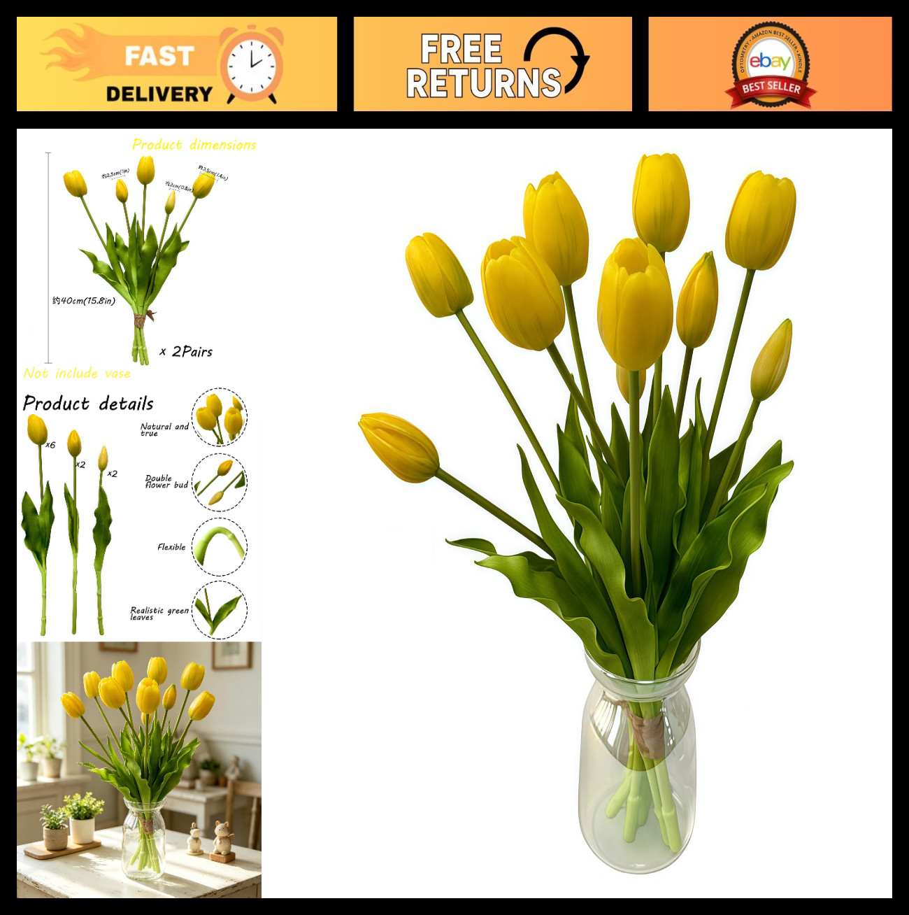 10PCS 16″ Real Touch Artificial Tulip Flowers – Yellow Faux Bouquet for Home, Pa