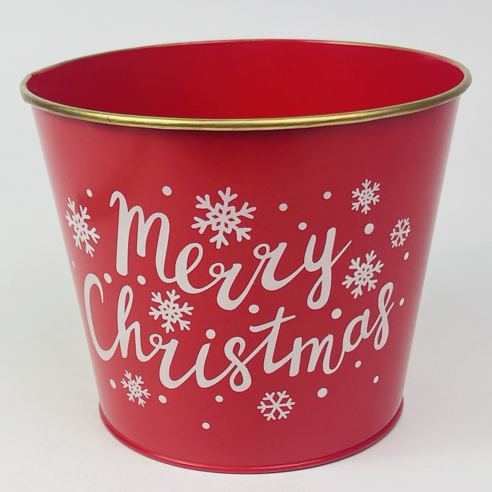 Round Tin Merry Christmas Red Flowerpot Can Home Decor Bucket