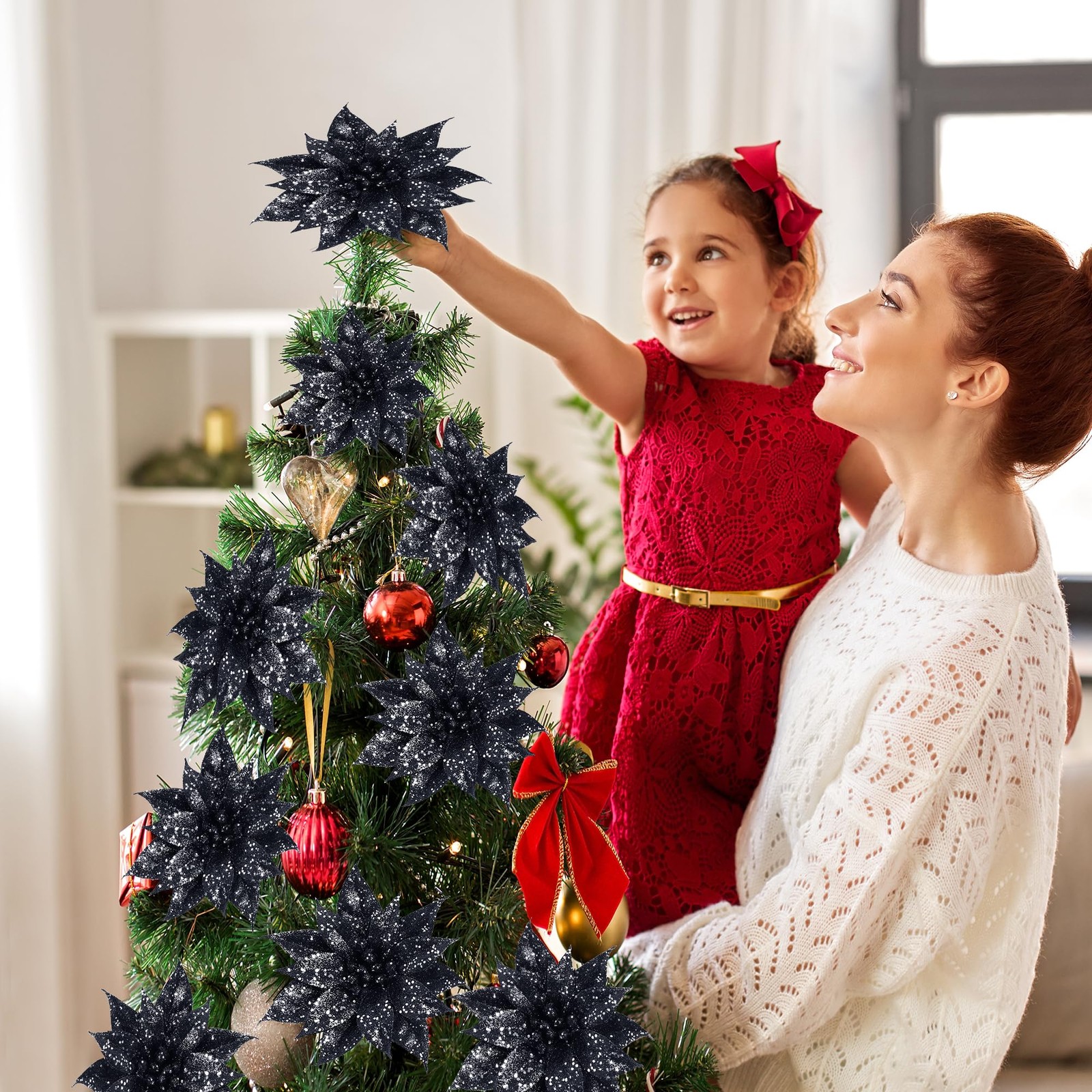 15 PCS Black Halloween Christmas Glitter Artificial Poinsettia Flowers Clip